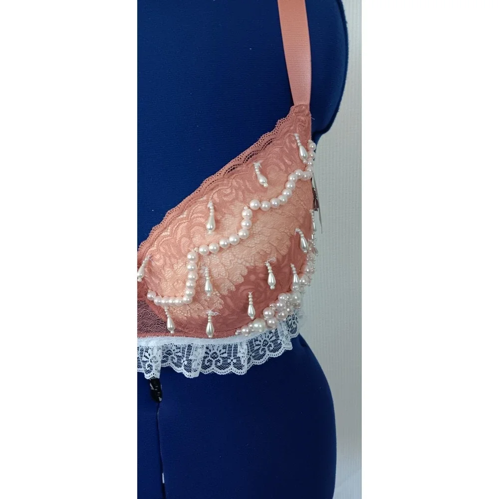 Sofra faux pearl lace beaded Adjustable Straps underwired‎ Peach Bra size 40DD